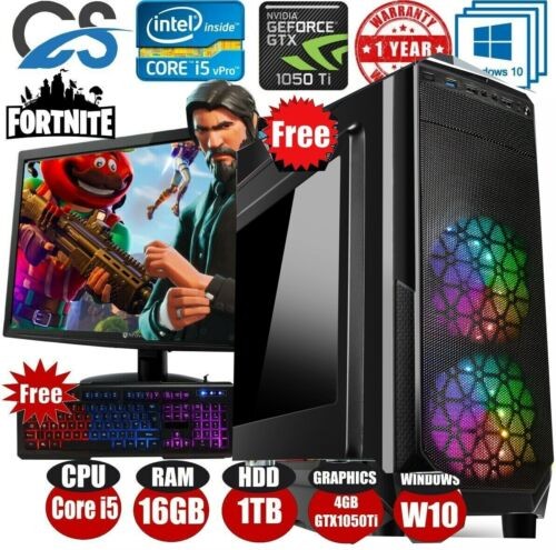 Fast Gaming PC Computer Bundle Intel Quad Core i5 16GB 1TB 4GB GTX 1050Ti Win 10