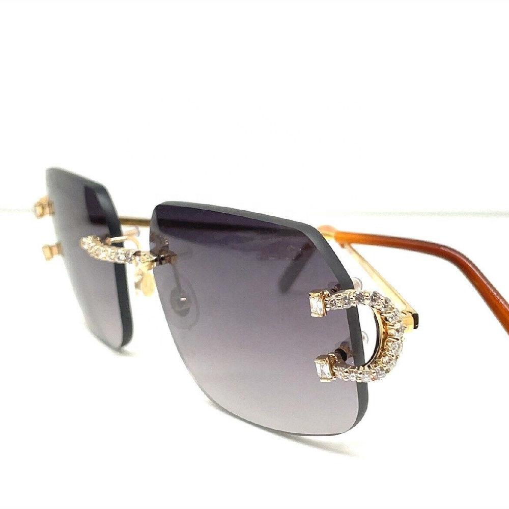 Hip Hop Eyewear Rimless Custom Glasses Diamond BIG C decor Gold Frame VVS Moissanite Glasses 70069