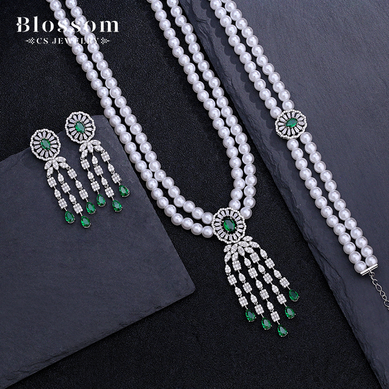 Luxury Custom Ladies Emerald Jewelry Pearl Natural 925 Sterling Silver Open Ring CZ Zircon Jewelry Set 70026
