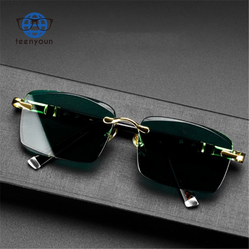 Teenyoun Stone Sunglasses Male Green Crystal Sun Glasses For Men Rimless High Quality A nti Scratch Eyewear 70061