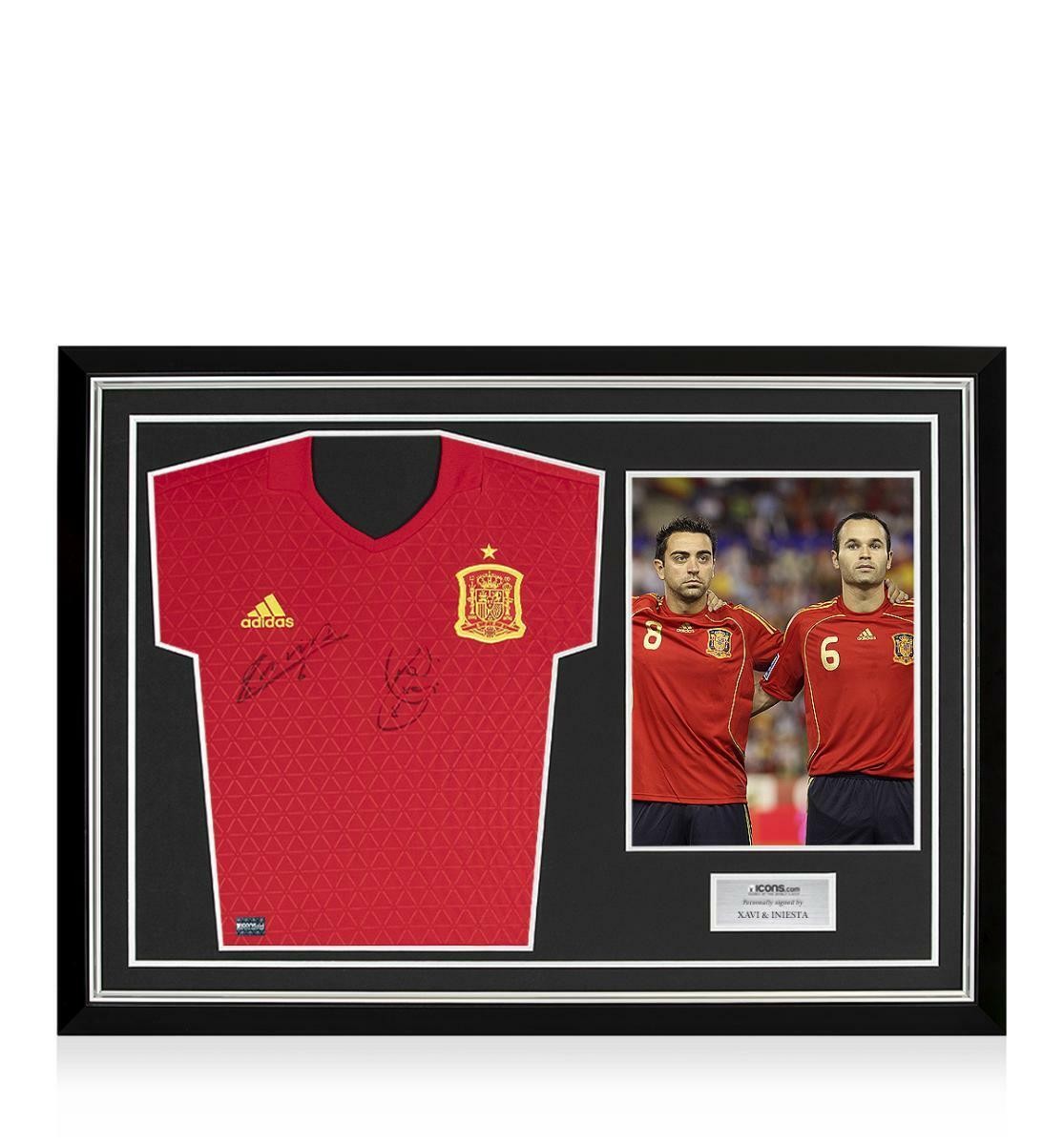 Xavi & Andres Iniesta Front Signed Spain 2016-17 Home Shirt In Hero Frame: Optio