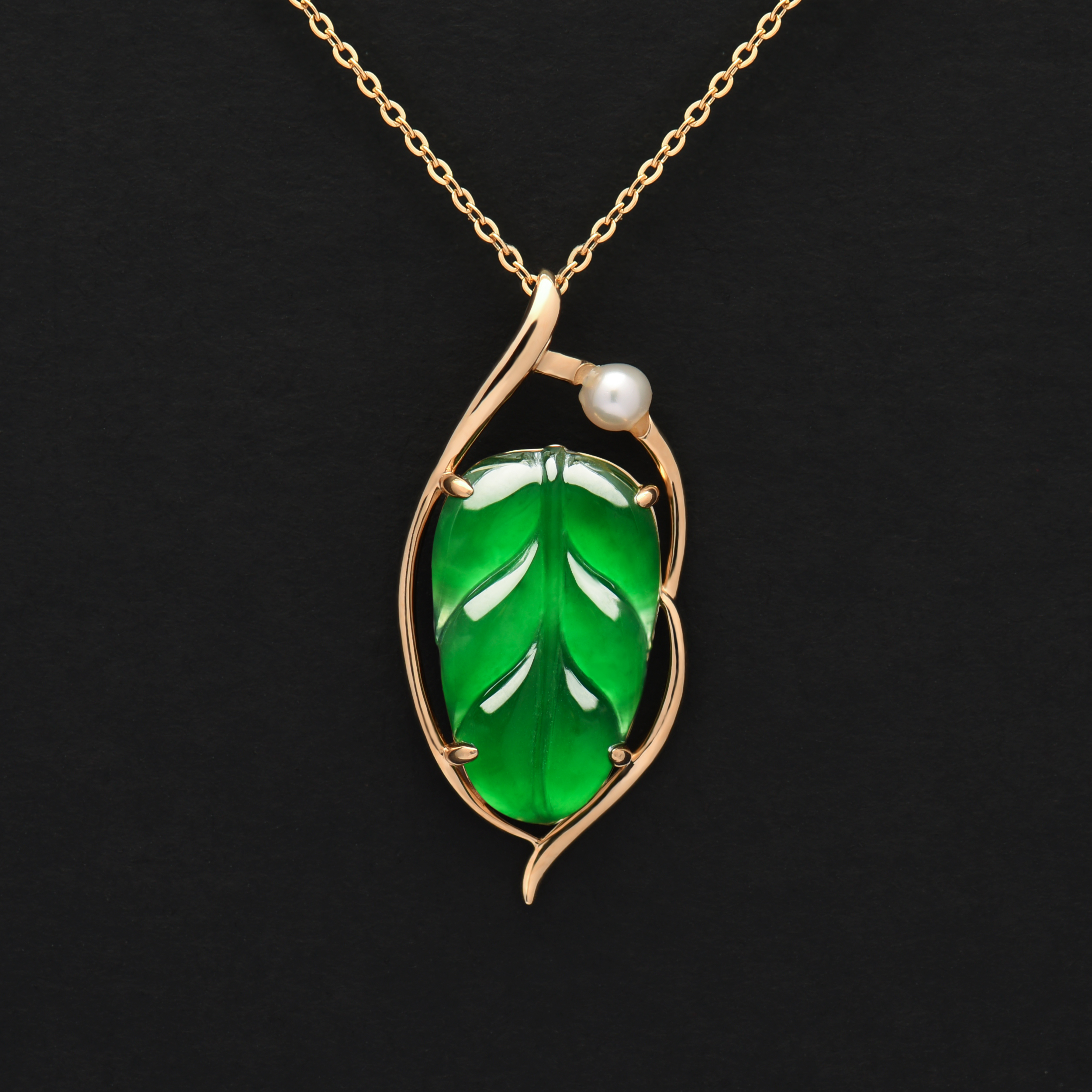 Genuine Natural Grade AAA Imperial Green Jadeite Jade Pendant 18k Gold Pearls Jewelry 70030